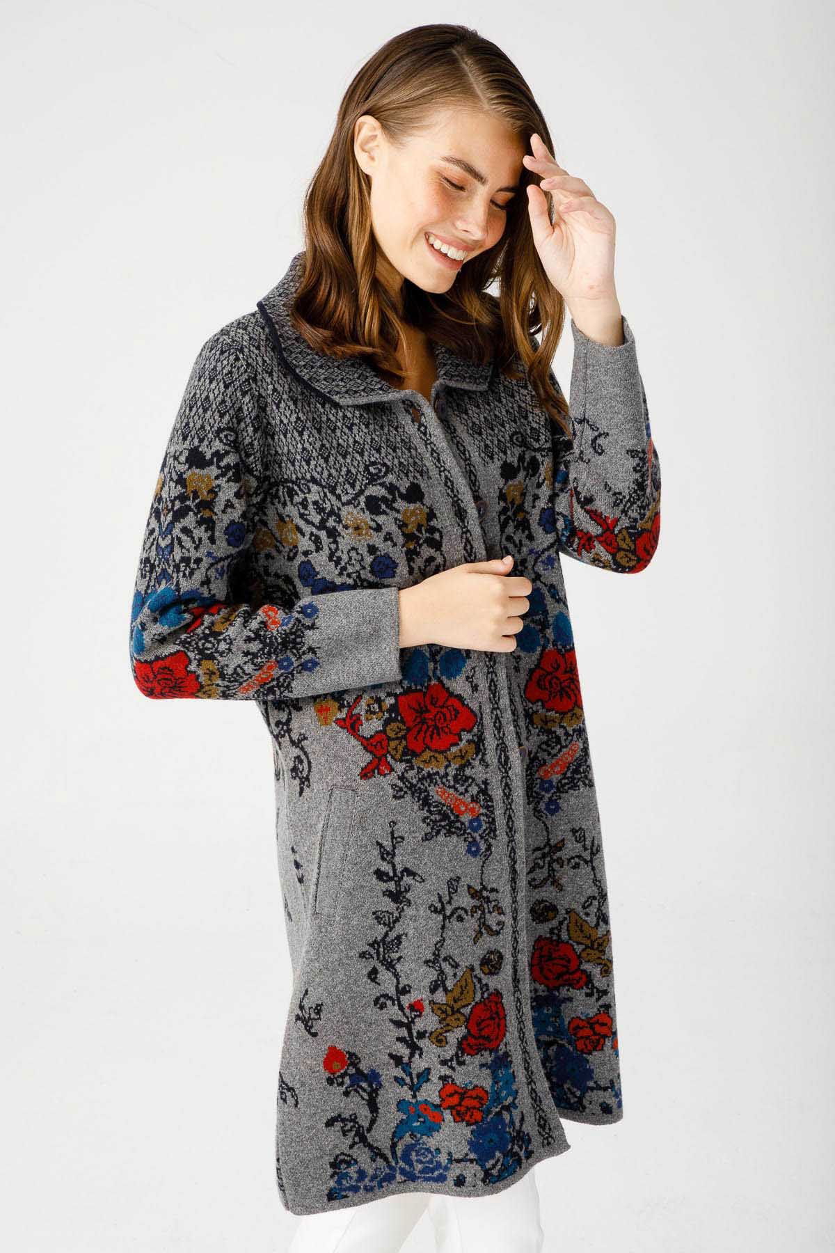 Desen Triko Kadın Polo Yaka Desenli Kaban 0241202 Füme - 1