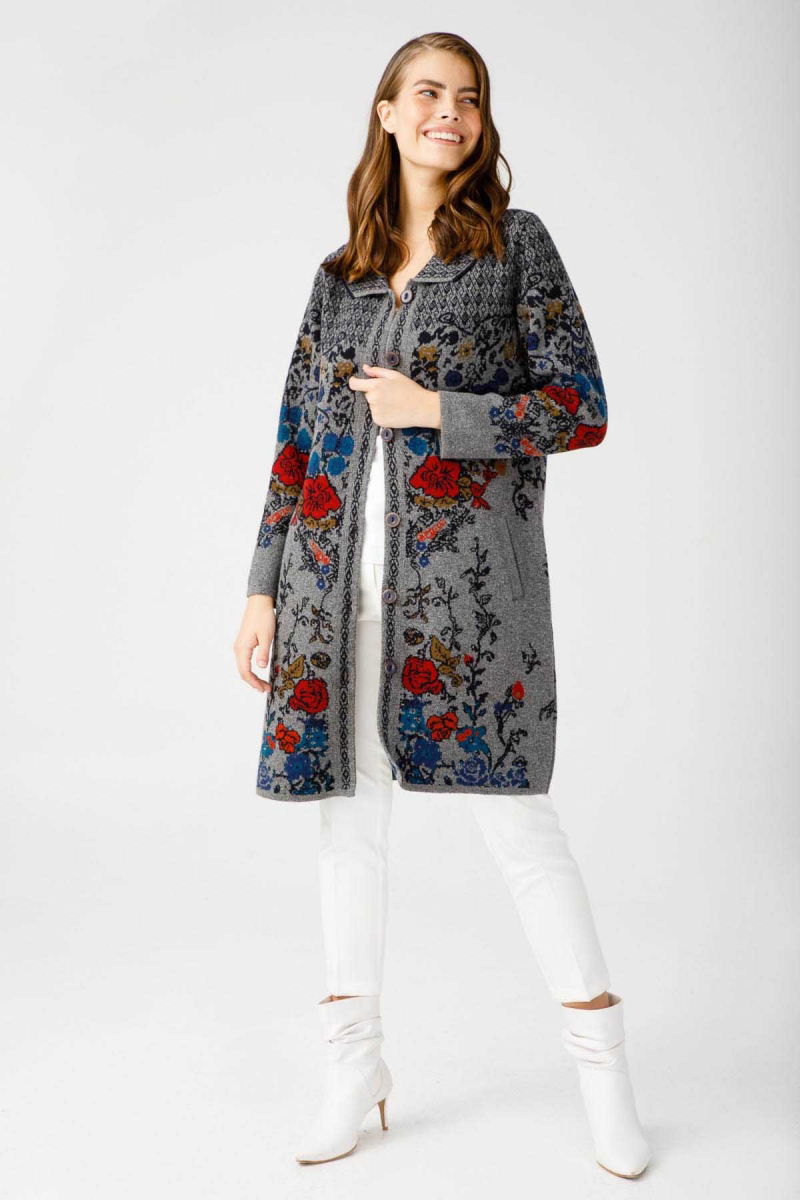 Desen Triko Kadın Polo Yaka Desenli Kaban 0241202 Füme - 2