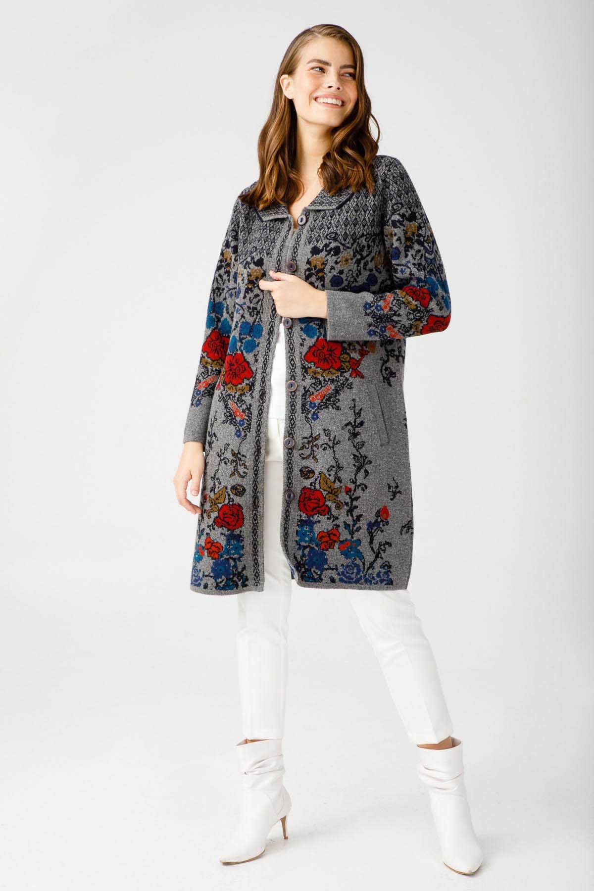 Desen Triko Kadın Polo Yaka Desenli Kaban 0241202 Füme - 2