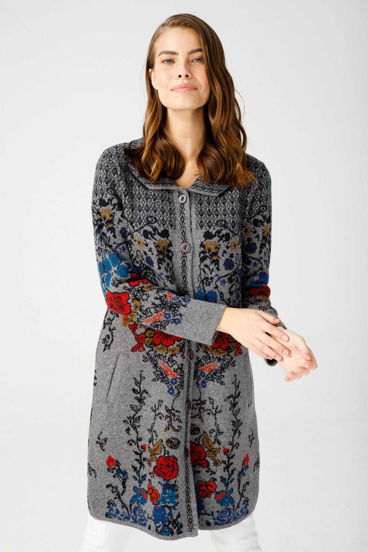 Desen Triko Kadın Polo Yaka Desenli Kaban 0241202 Füme - 3