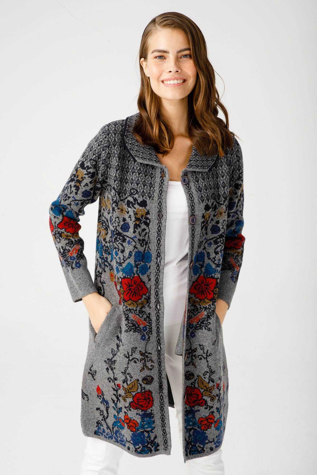 Desen Triko Kadın Polo Yaka Desenli Kaban 0241202 Füme - 4