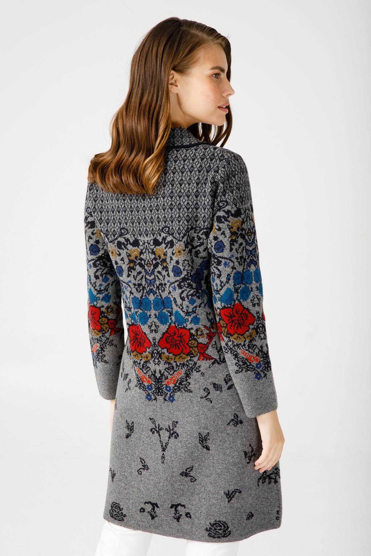 Desen Triko Kadın Polo Yaka Desenli Kaban 0241202 Füme - 5