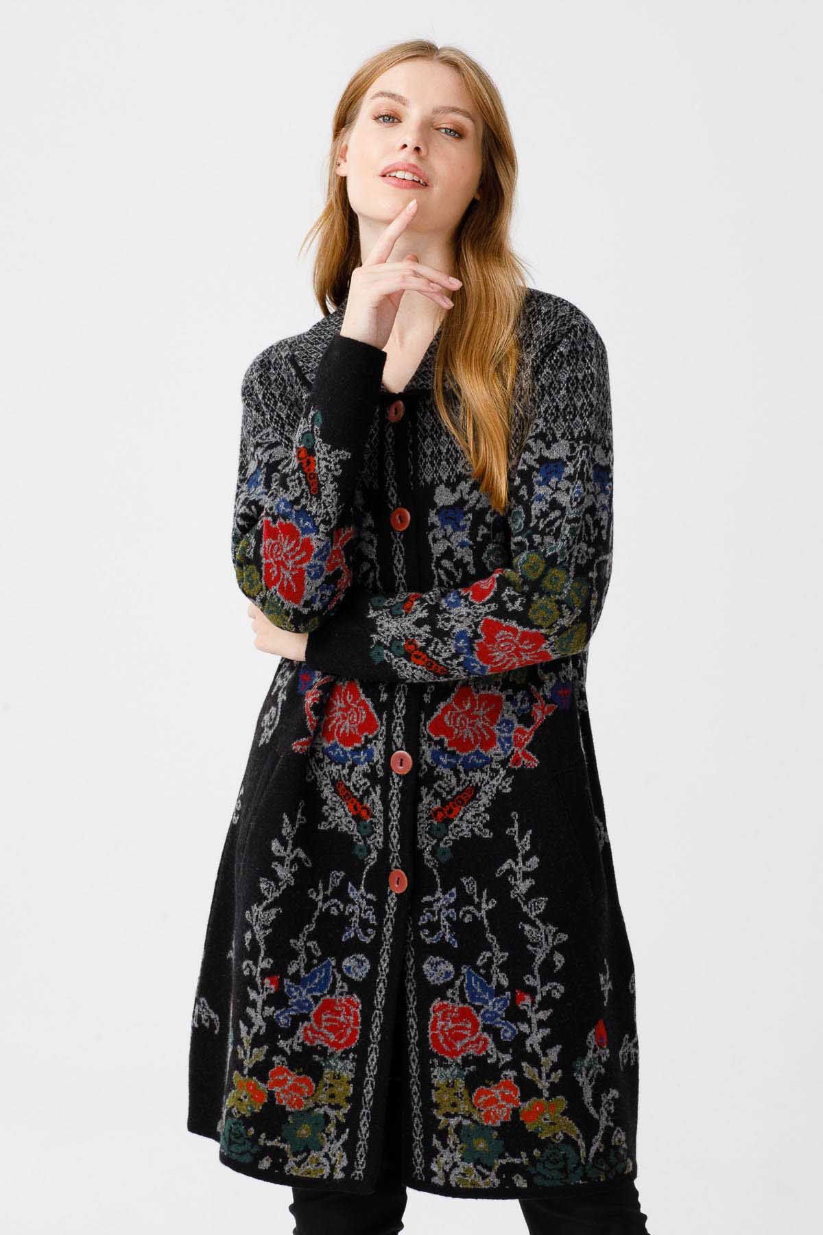 Desen Triko Kadın Polo Yaka Desenli Kaban 0241202 Siyah - 1