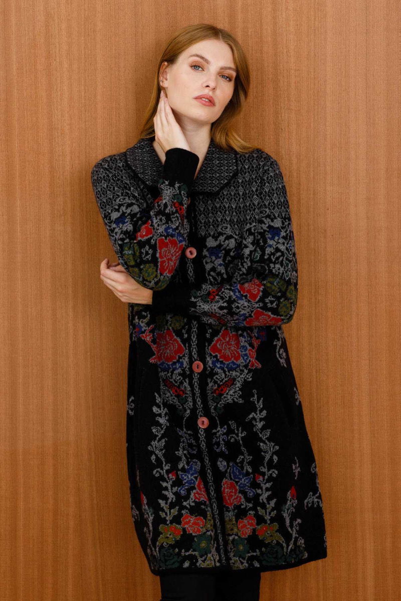 Desen Triko Kadın Polo Yaka Desenli Kaban 0241202 Siyah - 2