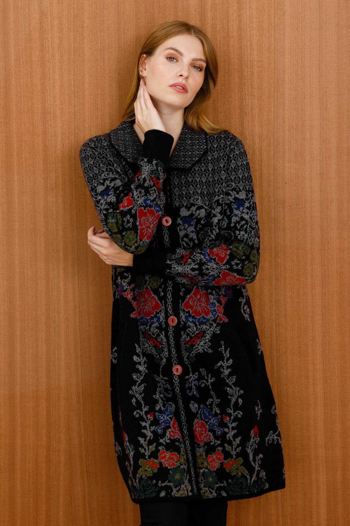 Desen Triko Kadın Polo Yaka Desenli Kaban 0241202 Siyah - 2