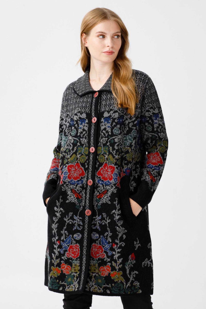 Desen Triko Kadın Polo Yaka Desenli Kaban 0241202 Siyah - 3