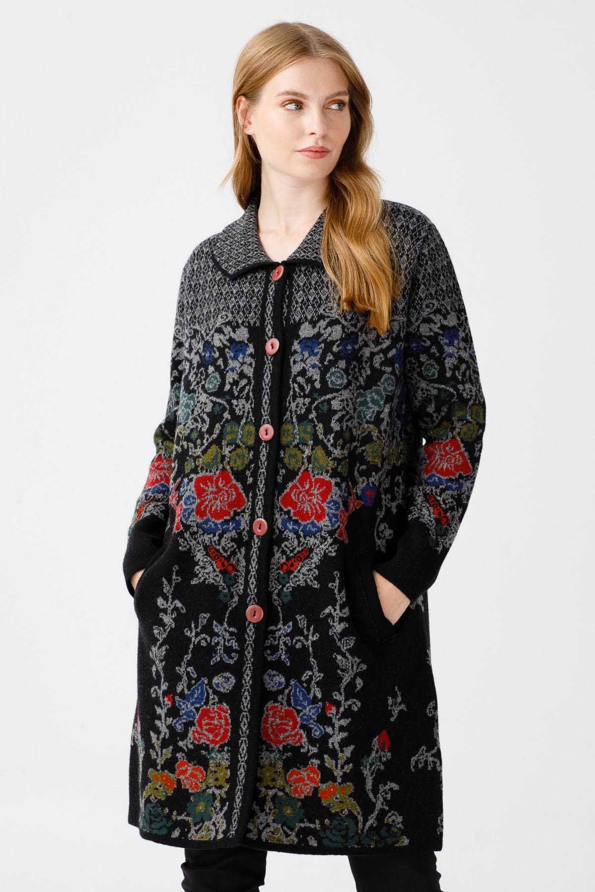 Desen Triko Kadın Polo Yaka Desenli Kaban 0241202 Siyah - 3