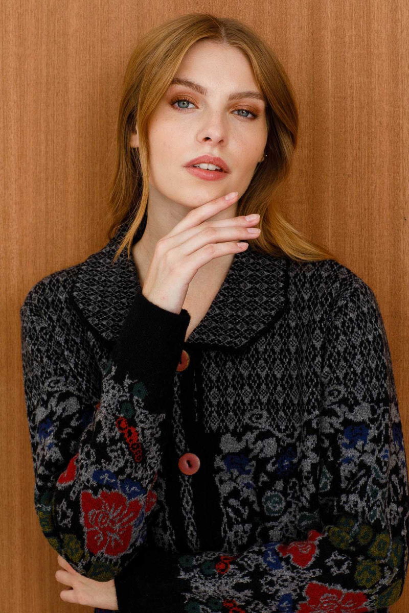 Desen Triko Kadın Polo Yaka Desenli Kaban 0241202 Siyah - 4