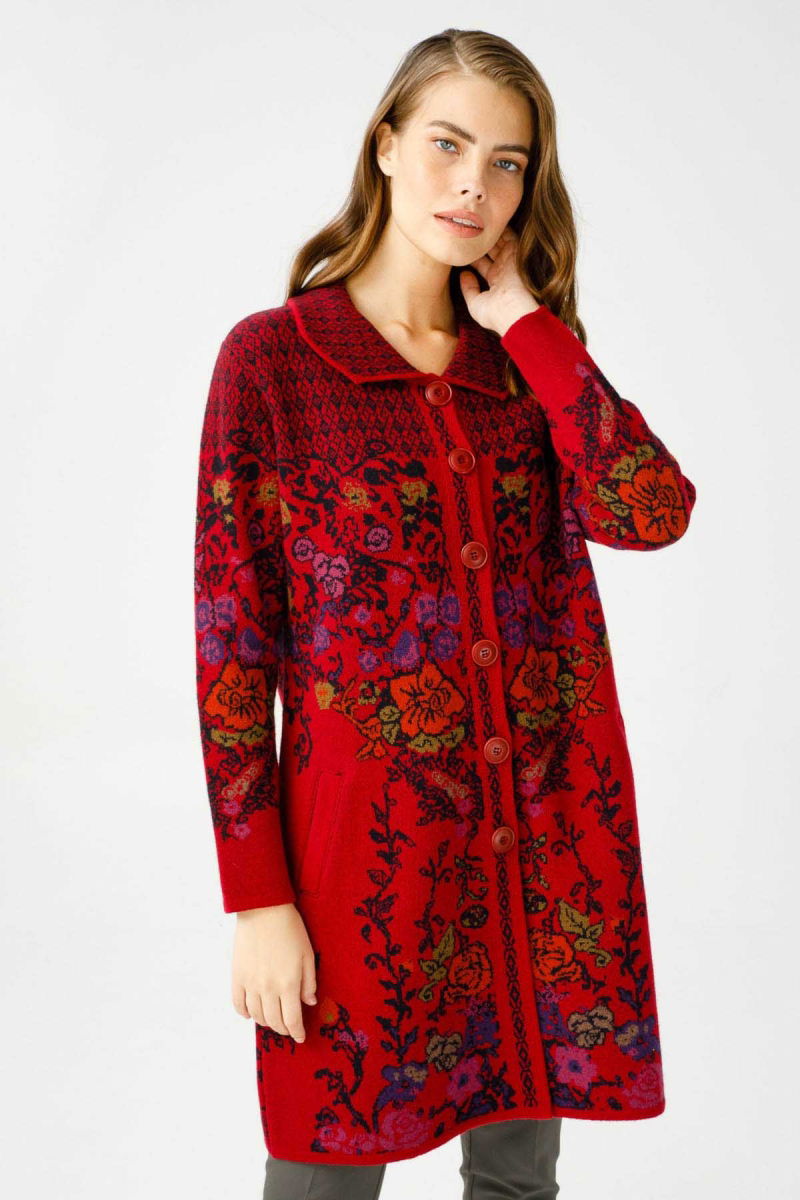 Desen Triko Kadın Polo Yaka Desenli Kaban 0241202 Vişne - Desen Triko