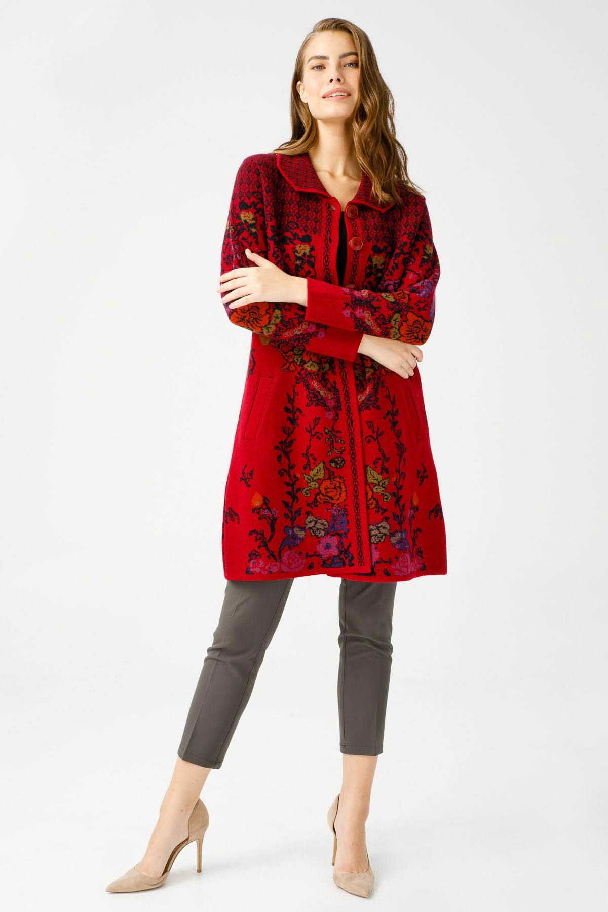 Desen Triko Kadın Polo Yaka Desenli Kaban 0241202 Vişne - 2