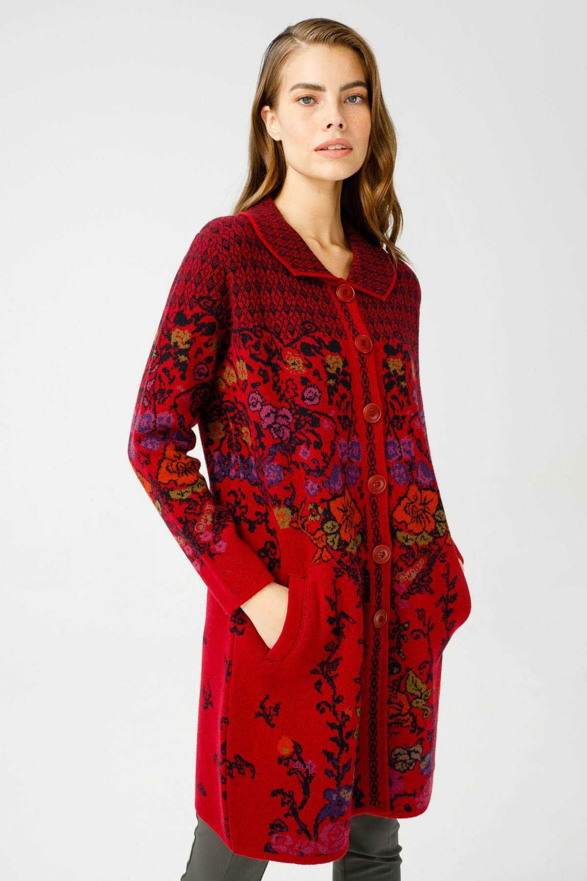 Desen Triko Kadın Polo Yaka Desenli Kaban 0241202 Vişne - 3