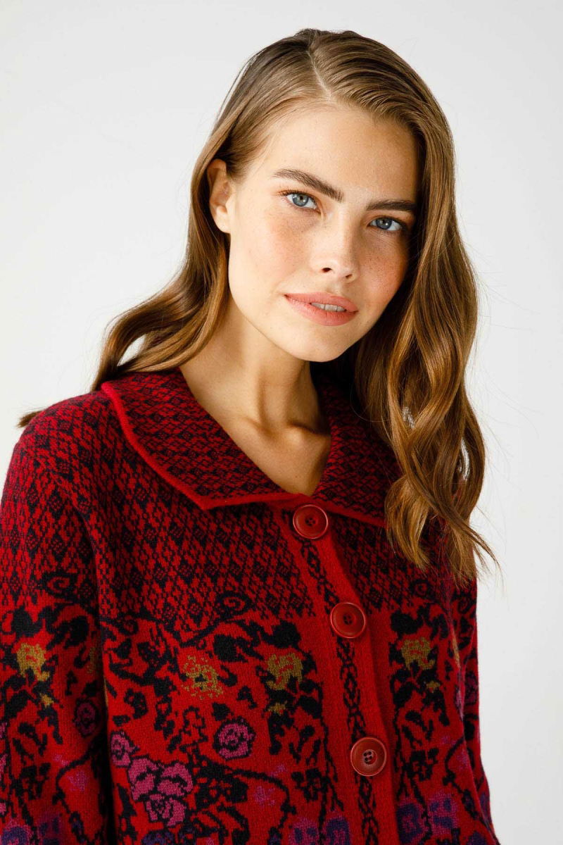 Desen Triko Kadın Polo Yaka Desenli Kaban 0241202 Vişne - 4