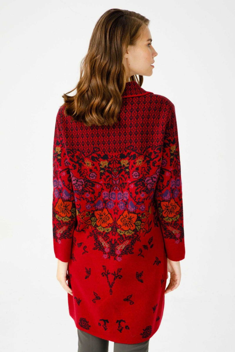 Desen Triko Kadın Polo Yaka Desenli Kaban 0241202 Vişne - 5