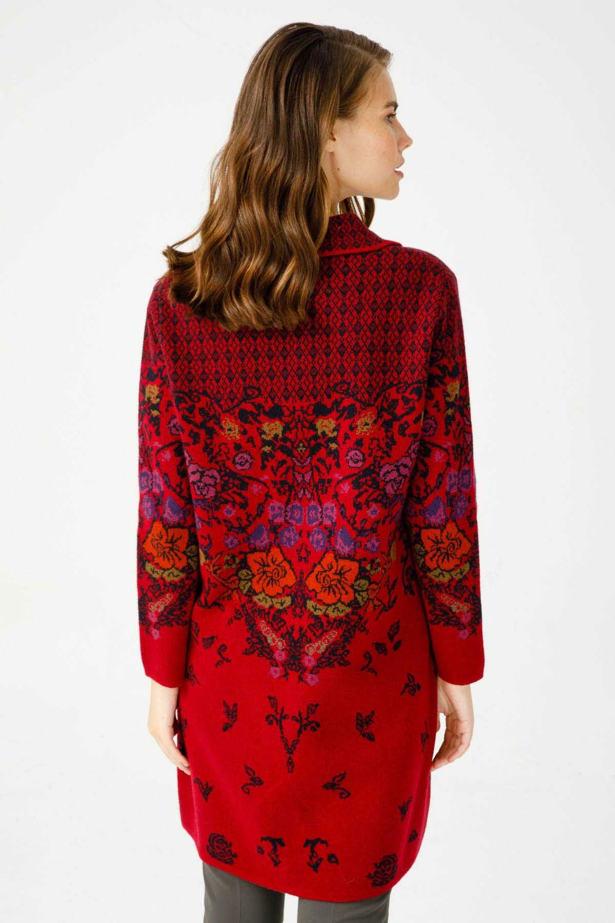 Desen Triko Kadın Polo Yaka Desenli Kaban 0241202 Vişne - 5