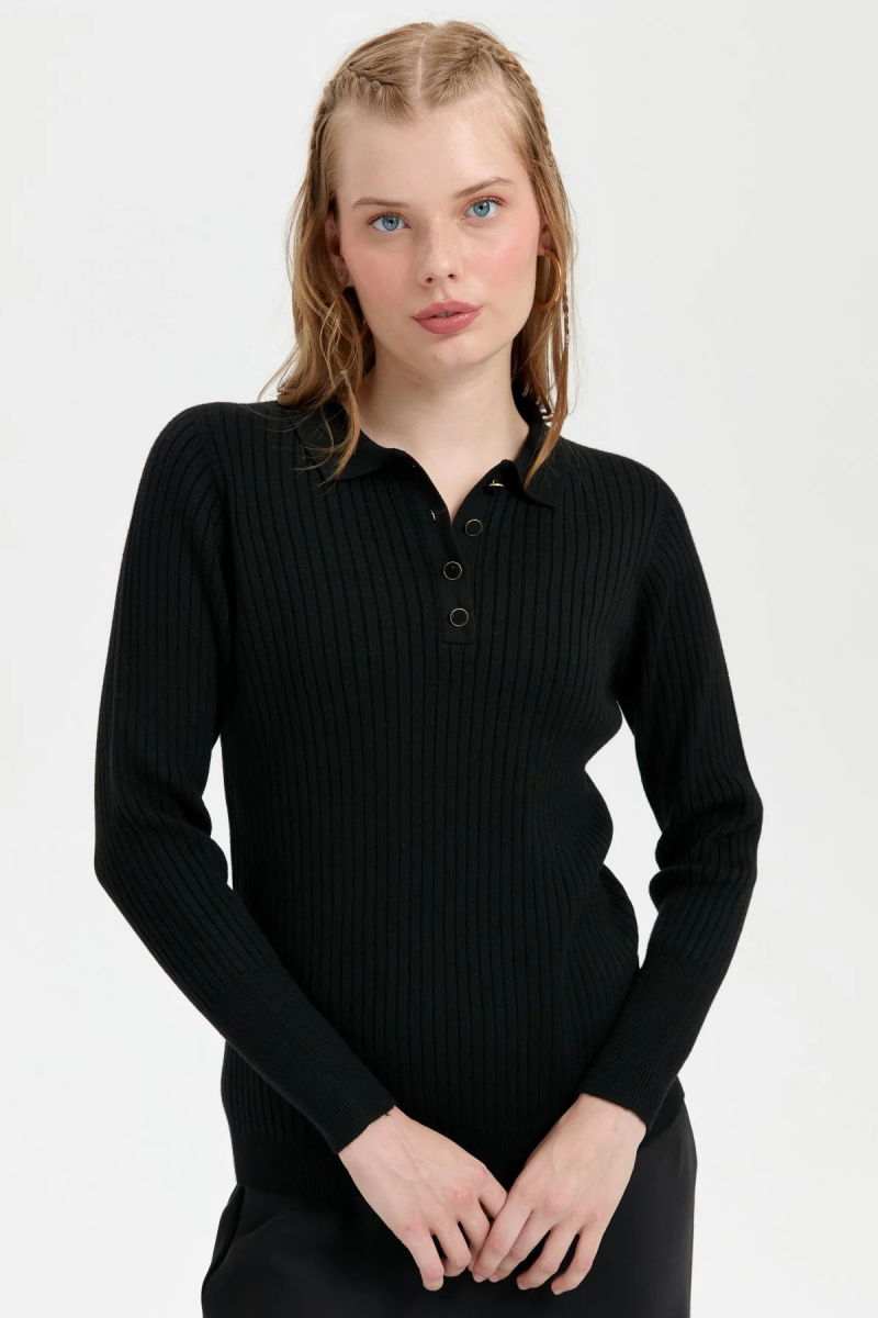 Desen Triko Kadın Polo Yaka Dikişsiz Kazak 24182 Siyah - Desen Triko