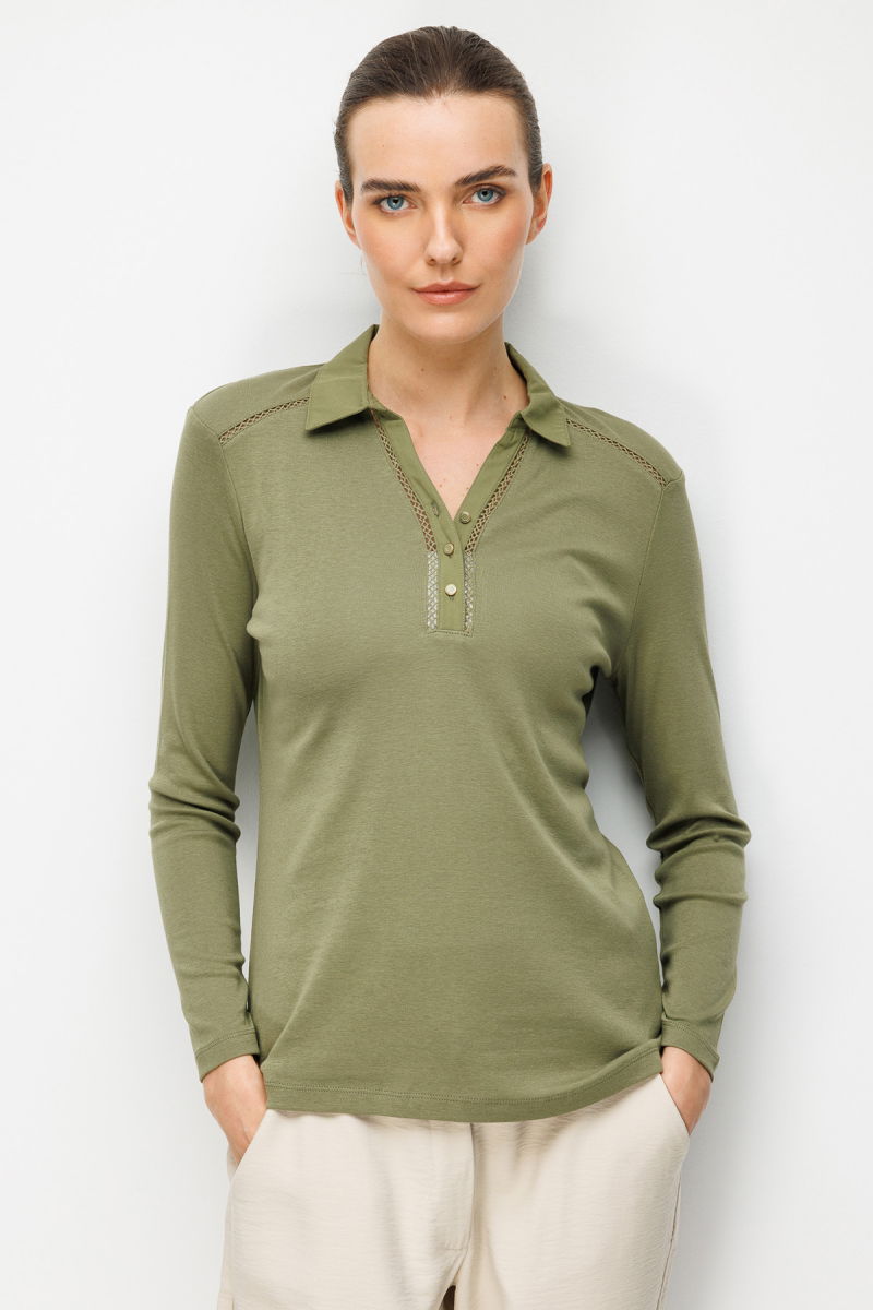 Desen Triko Kadın Polo Yaka İğne İşlemeli Pamuklu Penye Bluz 26806 Haki - Desen Triko