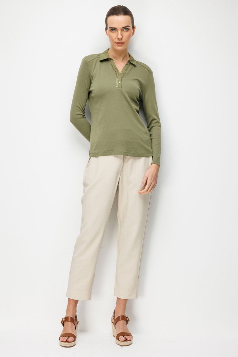 Desen Triko Kadın Polo Yaka İğne İşlemeli Pamuklu Penye Bluz 26806 Haki - 2