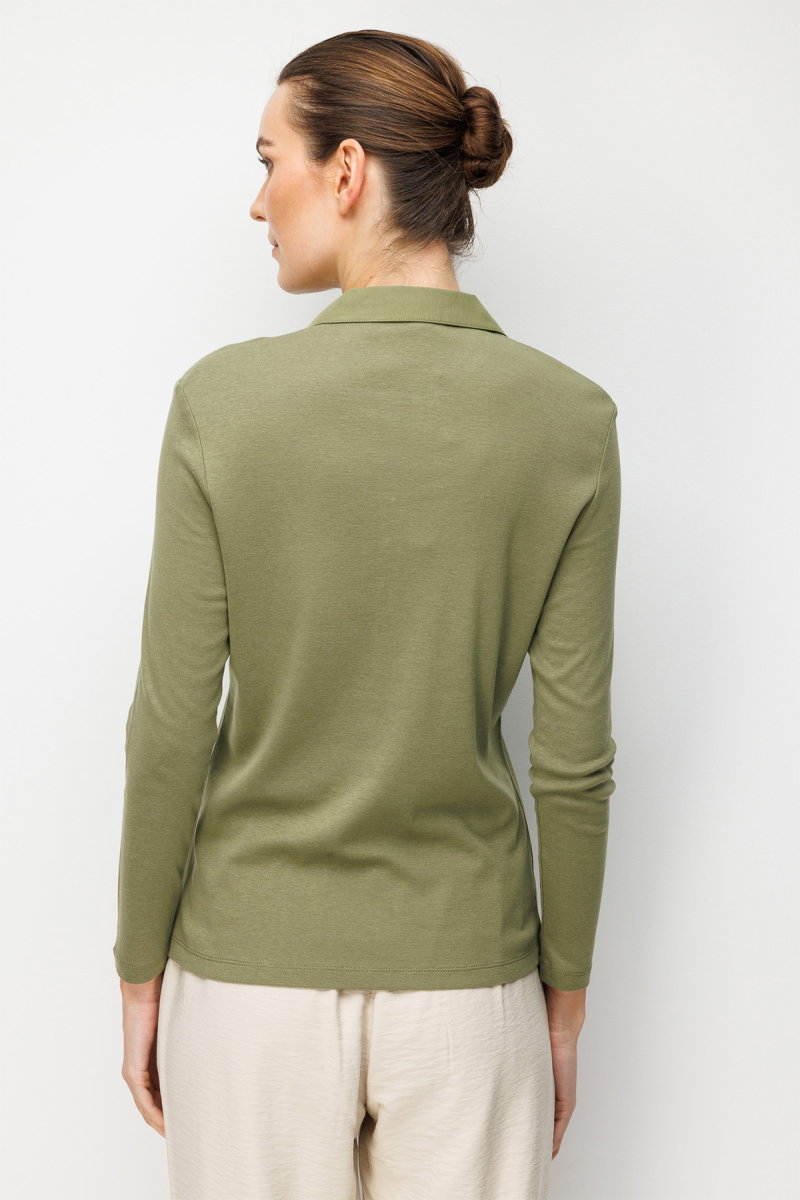 Desen Triko Kadın Polo Yaka İğne İşlemeli Pamuklu Penye Bluz 26806 Haki - 4