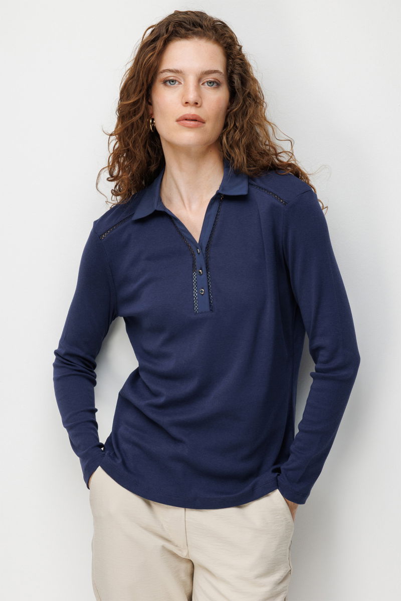 Desen Triko Kadın Polo Yaka İğne İşlemeli Pamuklu Penye Bluz 26806 Lacivert - Desen Triko