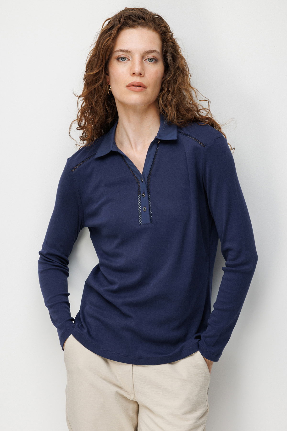 Desen Triko Kadın Polo Yaka İğne İşlemeli Pamuklu Penye Bluz 26806 Lacivert - 1