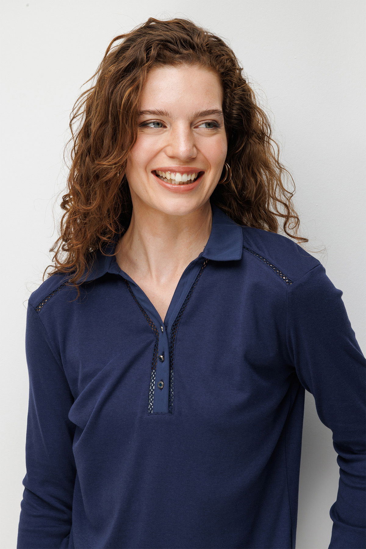 Desen Triko Kadın Polo Yaka İğne İşlemeli Pamuklu Penye Bluz 26806 Lacivert - 2