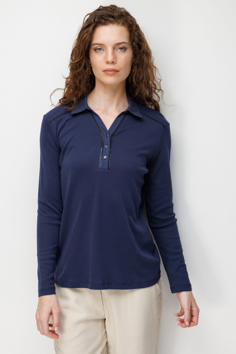 Desen Triko Kadın Polo Yaka İğne İşlemeli Pamuklu Penye Bluz 26806 Lacivert - 3