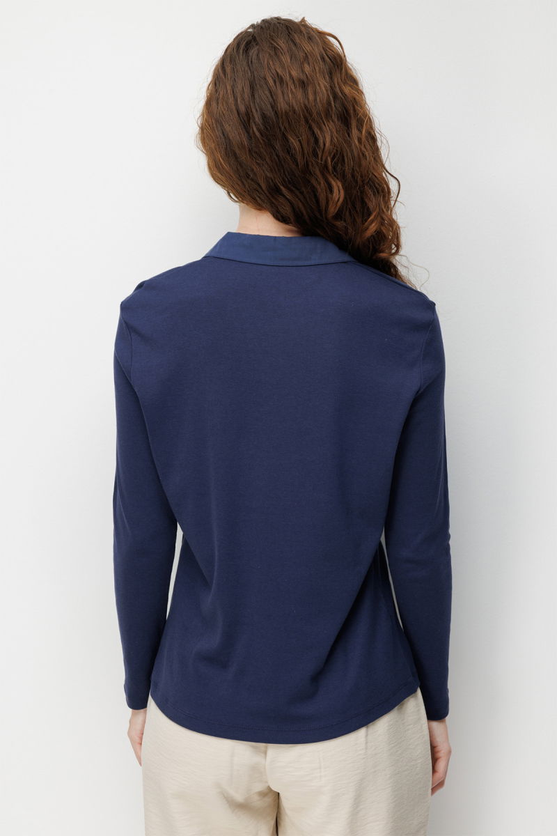 Desen Triko Kadın Polo Yaka İğne İşlemeli Pamuklu Penye Bluz 26806 Lacivert - 4