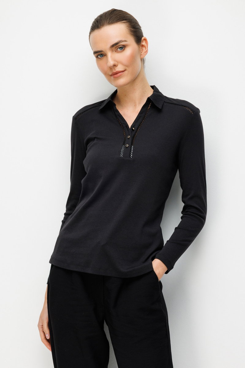 Desen Triko Kadın Polo Yaka İğne İşlemeli Pamuklu Penye Bluz 26806 Siyah - Desen Triko