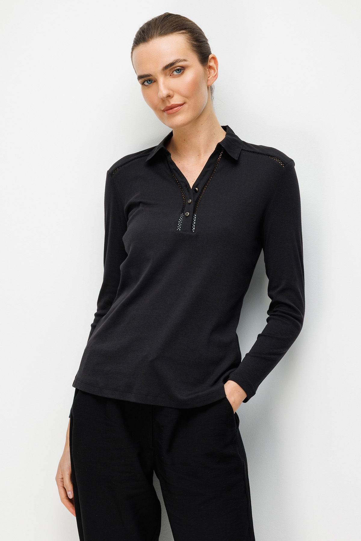 Desen Triko Kadın Polo Yaka İğne İşlemeli Pamuklu Penye Bluz 26806 Siyah - 1