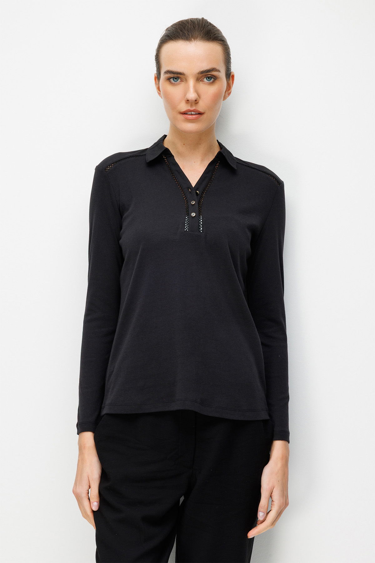 Desen Triko Kadın Polo Yaka İğne İşlemeli Pamuklu Penye Bluz 26806 Siyah - 2