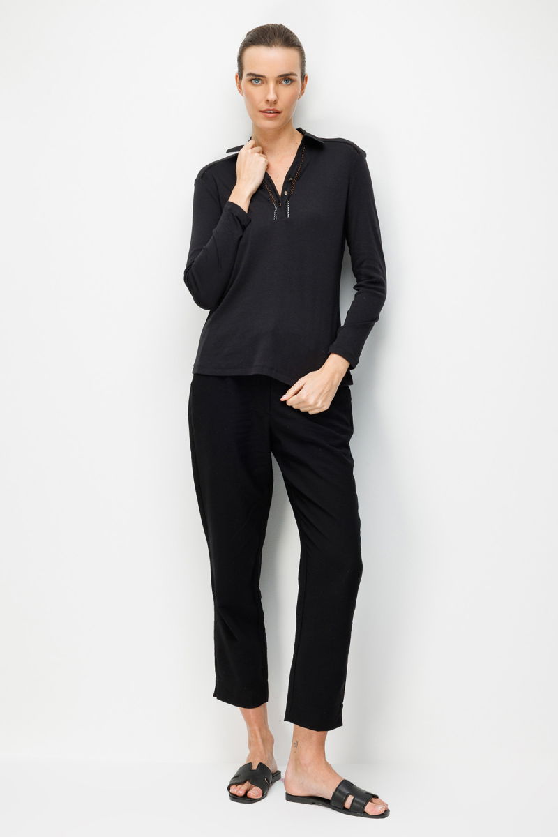 Desen Triko Kadın Polo Yaka İğne İşlemeli Pamuklu Penye Bluz 26806 Siyah - 3