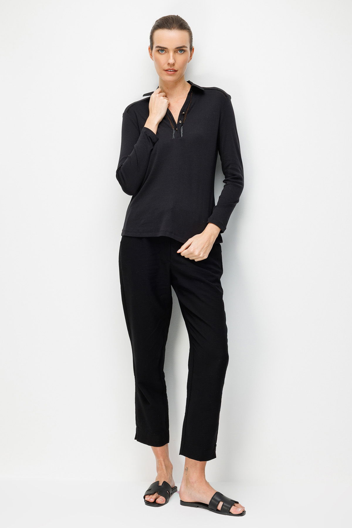 Desen Triko Kadın Polo Yaka İğne İşlemeli Pamuklu Penye Bluz 26806 Siyah - 3