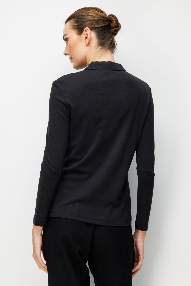 Desen Triko Kadın Polo Yaka İğne İşlemeli Pamuklu Penye Bluz 26806 Siyah - 4