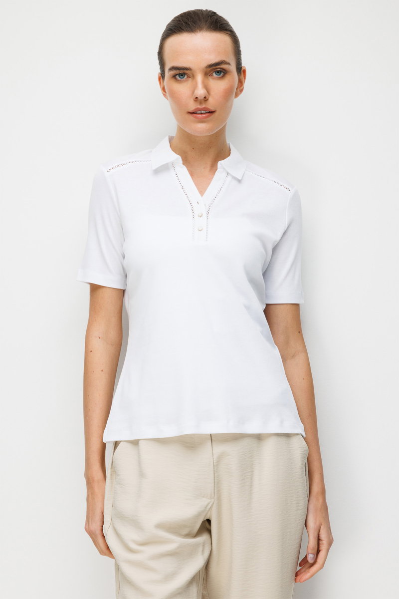 Desen Triko Kadın Polo Yaka İğne İşlemeli Pamuklu Penye T-Shirt 26802 Beyaz - 2
