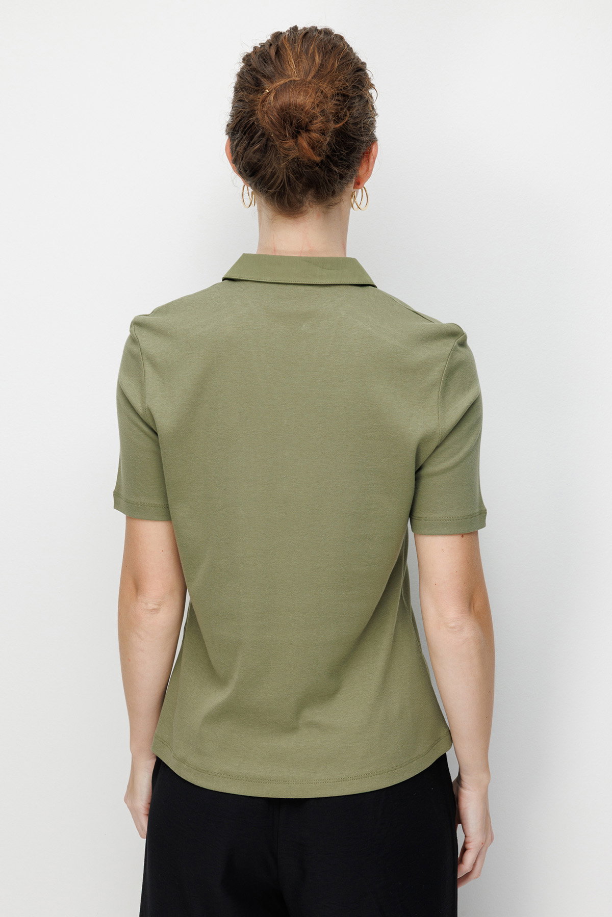 Desen Triko Kadın Polo Yaka İğne İşlemeli Pamuklu Penye T-Shirt 26802 Haki - 4