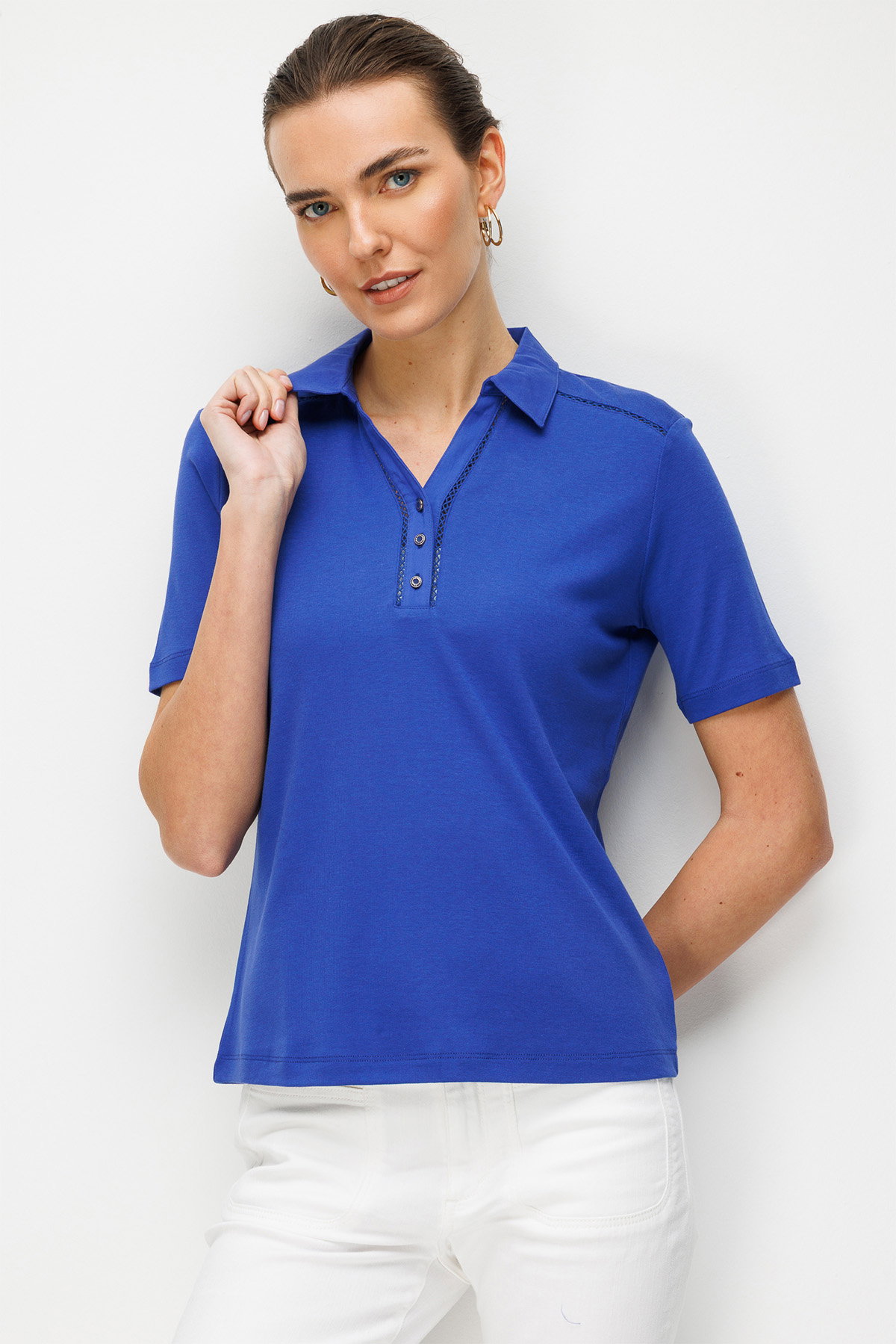 Desen Triko Kadın Polo Yaka İğne İşlemeli Pamuklu Penye T-Shirt 26802 Saks - 1
