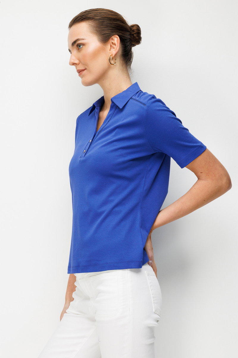 Desen Triko Kadın Polo Yaka İğne İşlemeli Pamuklu Penye T-Shirt 26802 Saks - 2