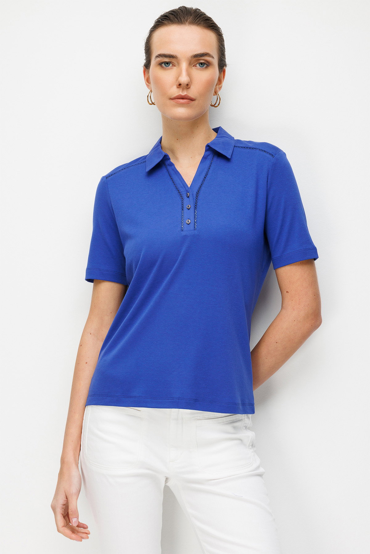 Desen Triko Kadın Polo Yaka İğne İşlemeli Pamuklu Penye T-Shirt 26802 Saks - 4