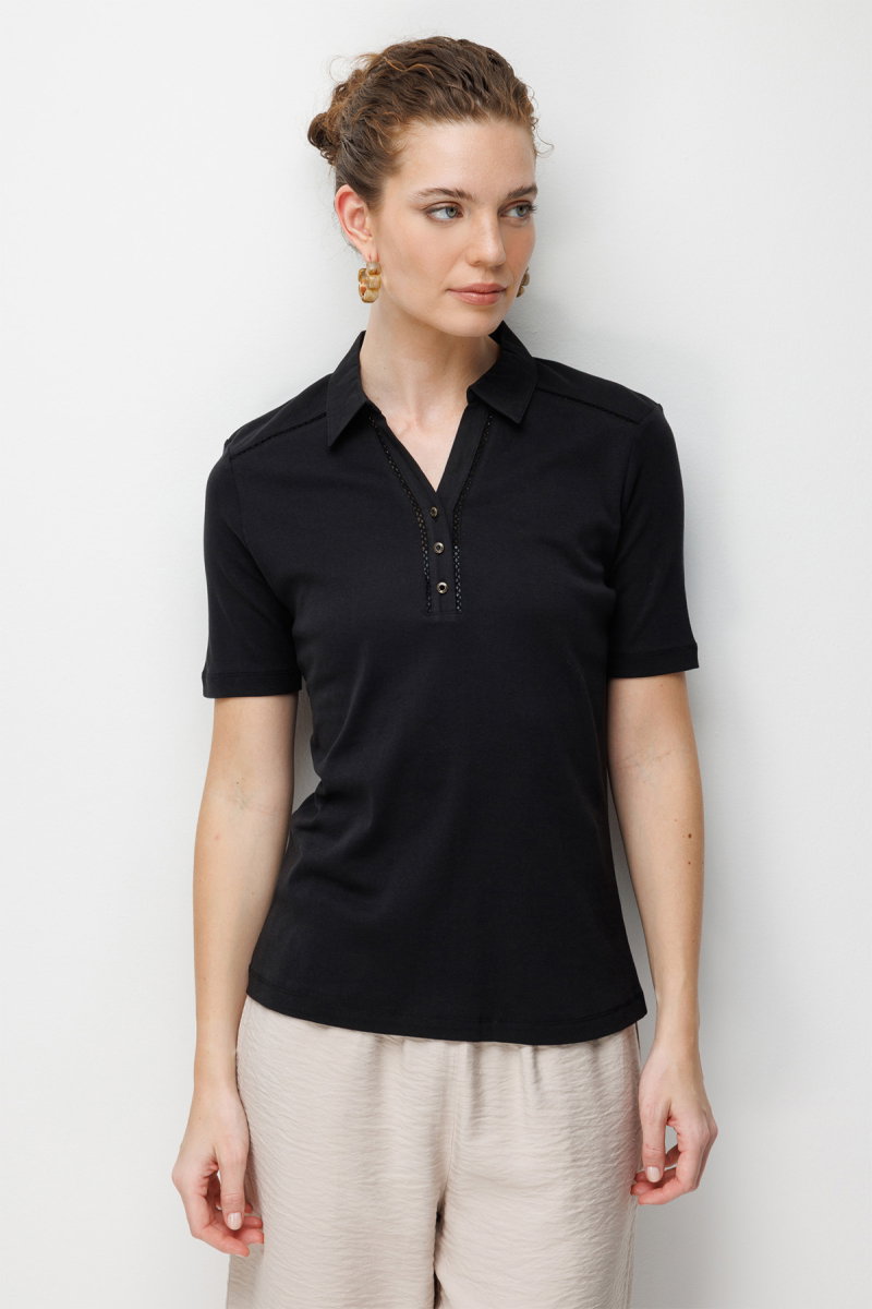 Desen Triko Kadın Polo Yaka İğne İşlemeli Pamuklu Penye T-Shirt 26802 Siyah - 2