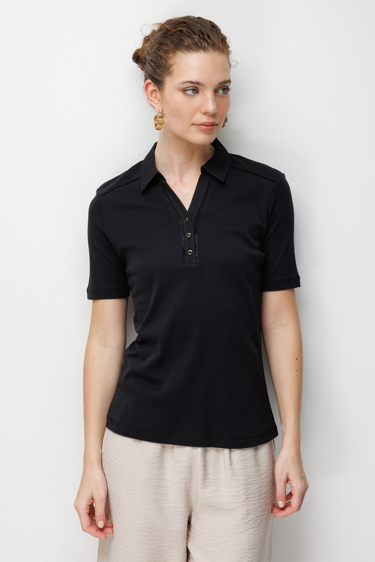 Desen Triko Kadın Polo Yaka İğne İşlemeli Pamuklu Penye T-Shirt 26802 Siyah - 2