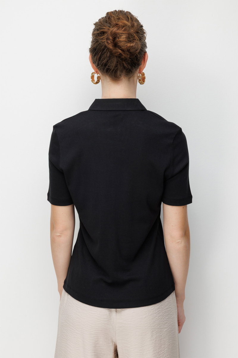 Desen Triko Kadın Polo Yaka İğne İşlemeli Pamuklu Penye T-Shirt 26802 Siyah - 4