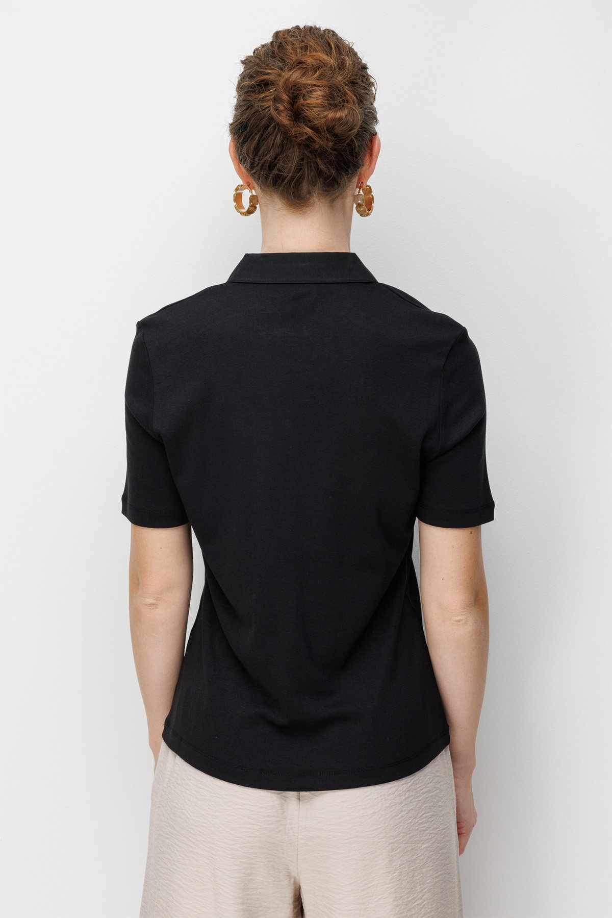 Desen Triko Kadın Polo Yaka İğne İşlemeli Pamuklu Penye T-Shirt 26802 Siyah - 4
