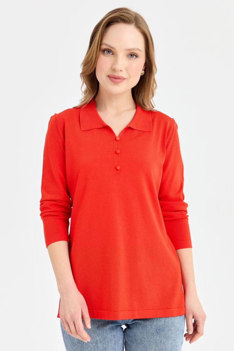 Desen Triko Kadın Polo Yaka İnce Triko Bluz 23355 Mercan 