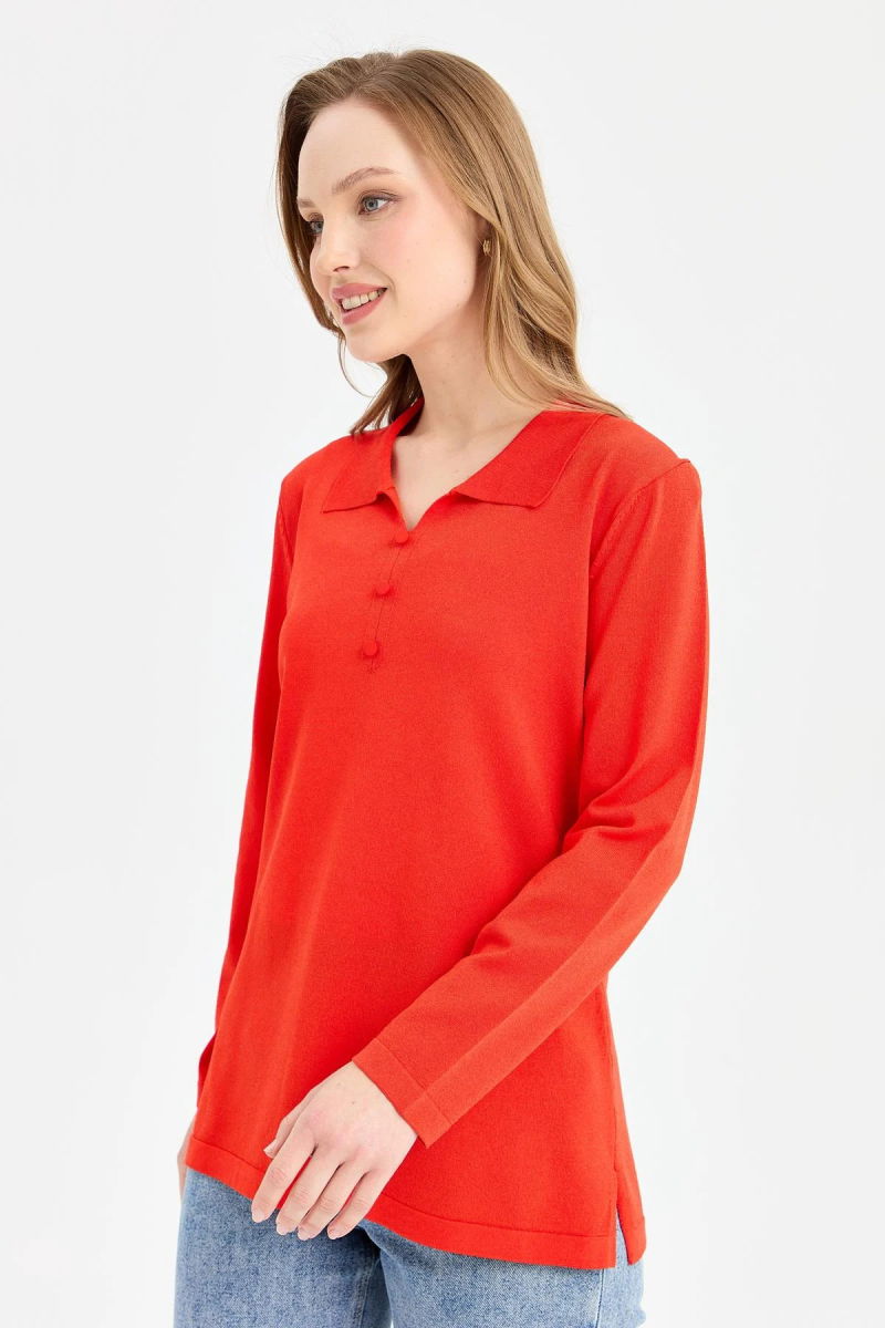 Desen Triko Kadın Polo Yaka İnce Triko Bluz 23355 Mercan - 2