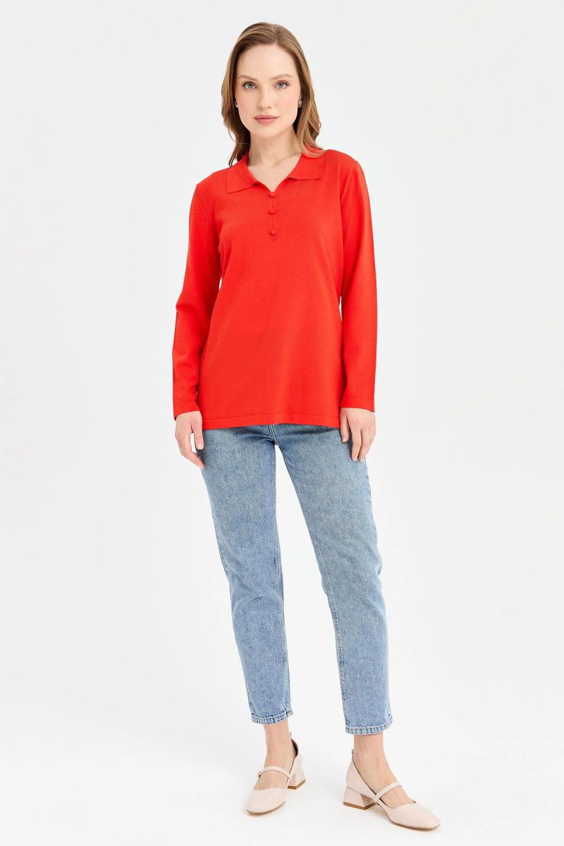 Desen Triko Kadın Polo Yaka İnce Triko Bluz 23355 Mercan - 3