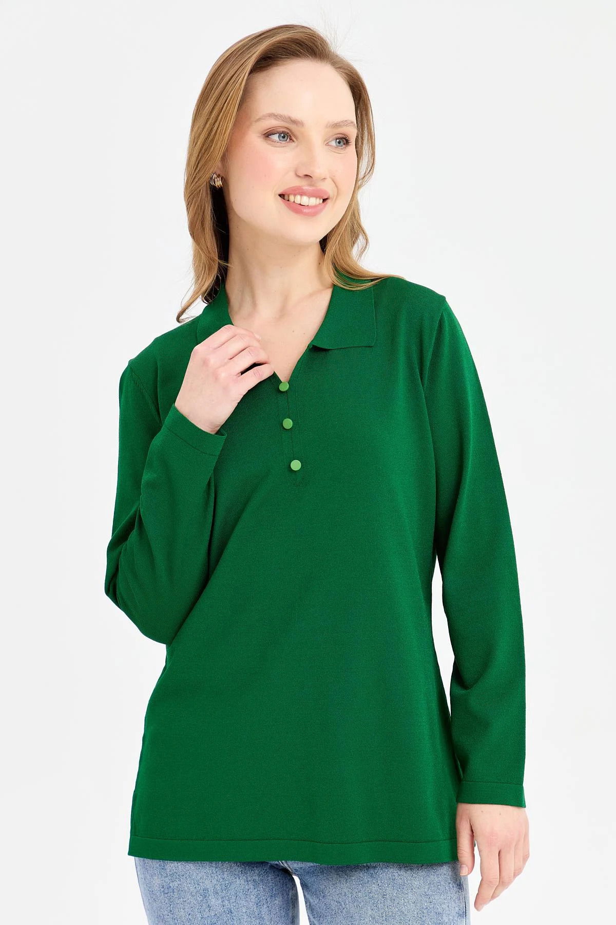 Desen Triko Kadın Polo Yaka İnce Triko Bluz 23355 Yeşil - 1