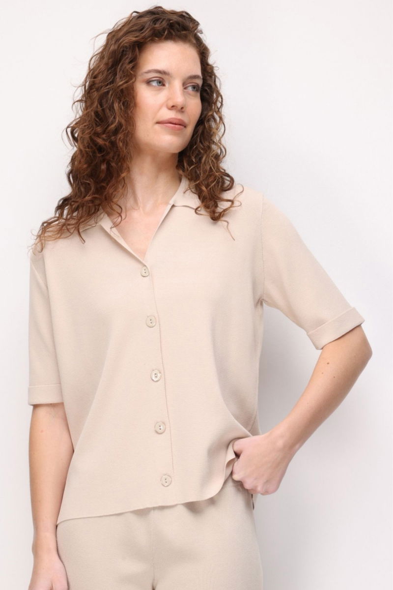 Desen Triko Kadın Polo Yaka Kısa Kollu İnce Triko Ceket 26363 Bej - 3