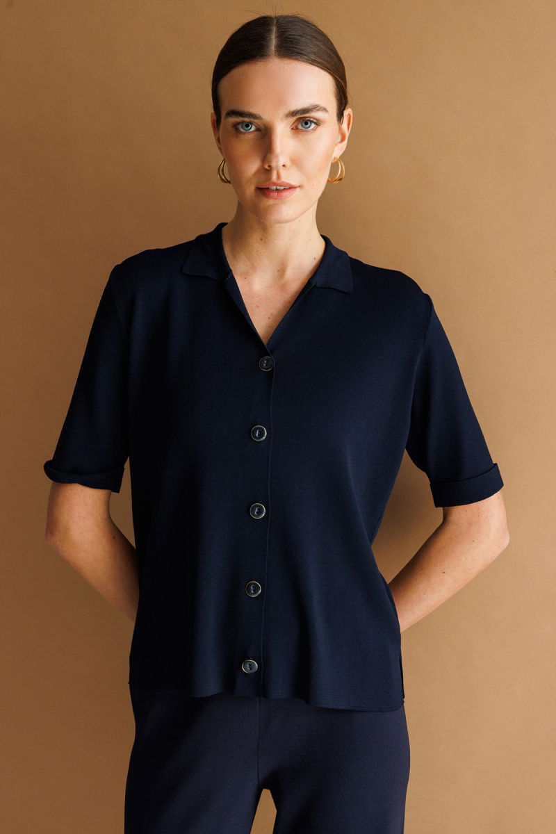 Desen Triko Kadın Polo Yaka Kısa Kollu İnce Triko Ceket 26363 Koyu Lacivert - Desen Triko