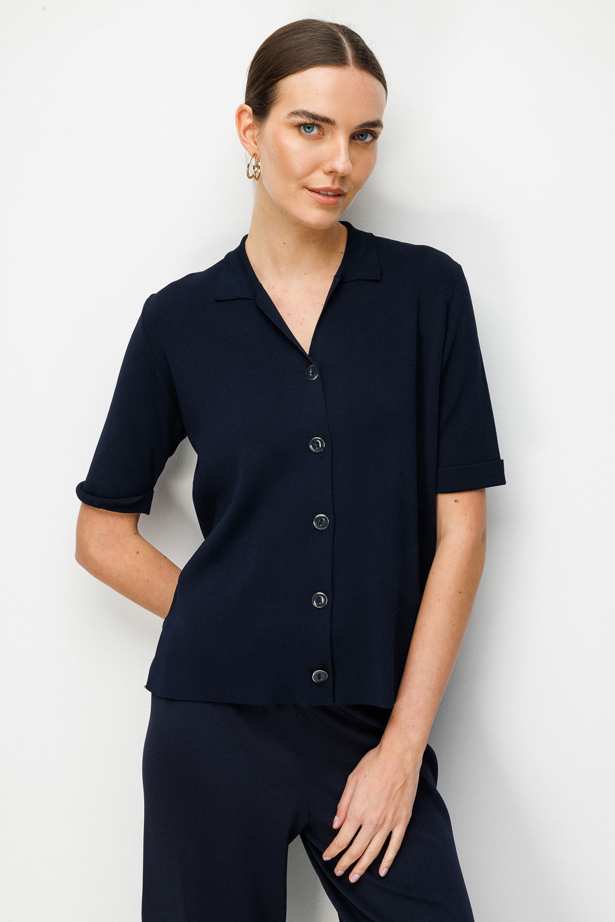 Desen Triko Kadın Polo Yaka Kısa Kollu İnce Triko Ceket 26363 Koyu Lacivert - 2