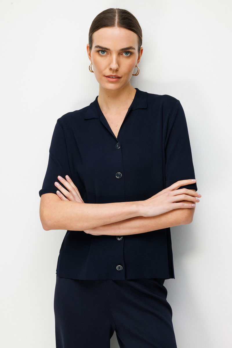 Desen Triko Kadın Polo Yaka Kısa Kollu İnce Triko Ceket 26363 Koyu Lacivert - 4